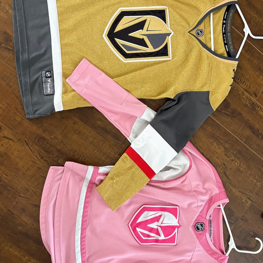 Pink youth VGK jersey (XL) & gold VGK jersey (adult S)